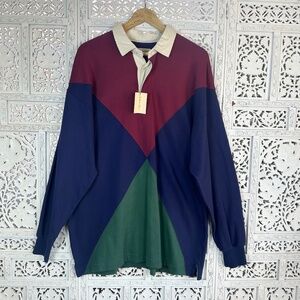NWT VTG St Johns‎ Bay Mens Diamond Pattern Argyle Retro Long Sleeve Rugby Polo